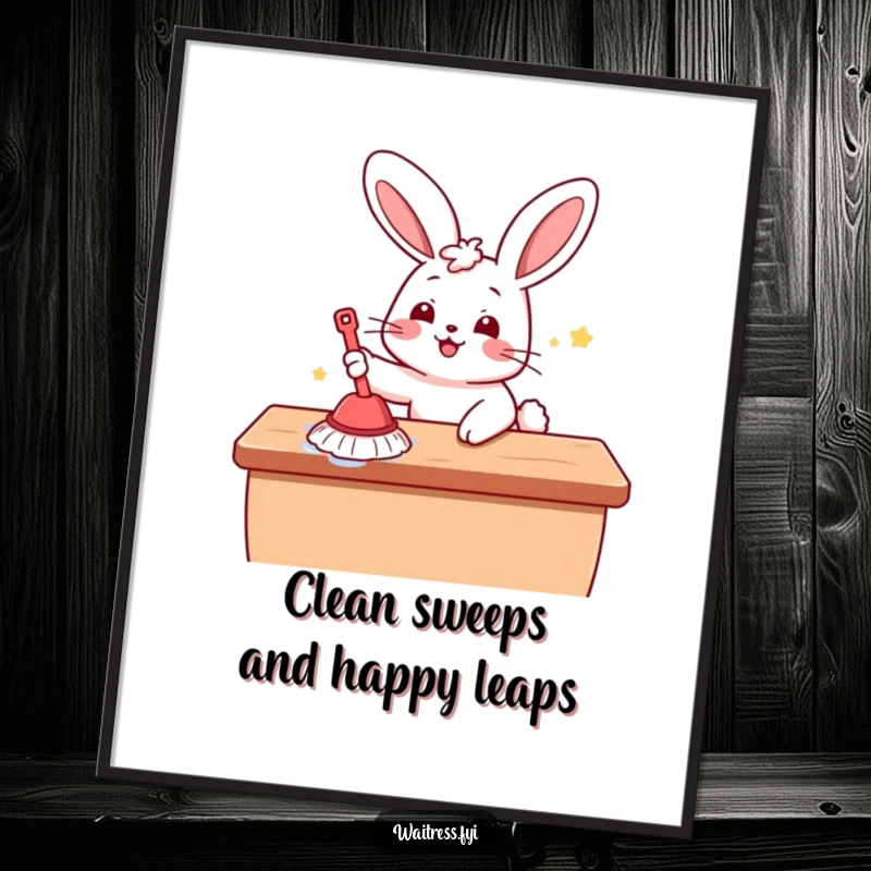 Funny Free Printable Wall Art: A kawaii bunny energetically wipes a table with pure happiness.