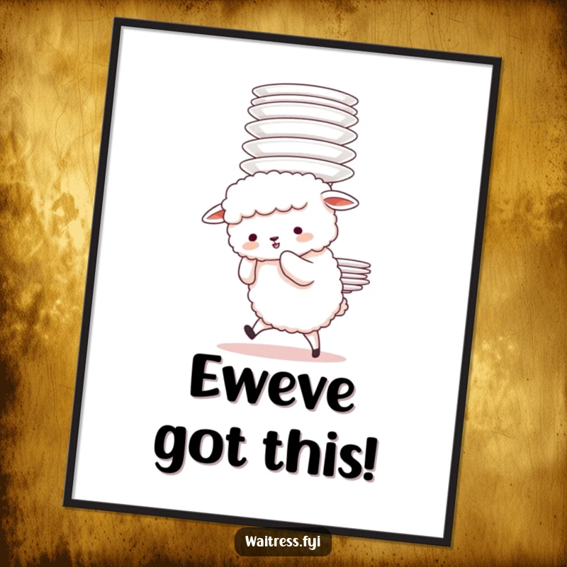 Funny Free Printable Wall Art: Sheep Adorably Struggles Carrying Tall Plate Stack, Whimsical, Humorous, Cute Animal.