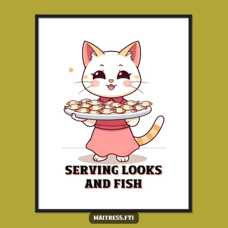 Free Printable Cat Waitress Wall Art: Funny Downloadable Fish Decor