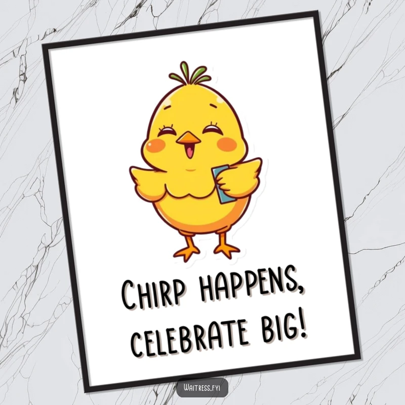 Funny Free Printable Chick Wall Art: Giggling yellow chick holding order pad, bouncing with pure, infectious excitement.
