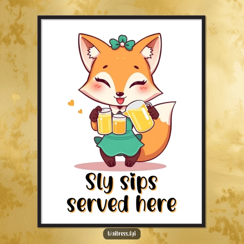 Funny Free Printable Wall Art: A playful fox waitress winks while pouring juice from a tiny pitcher, a mischievous design.