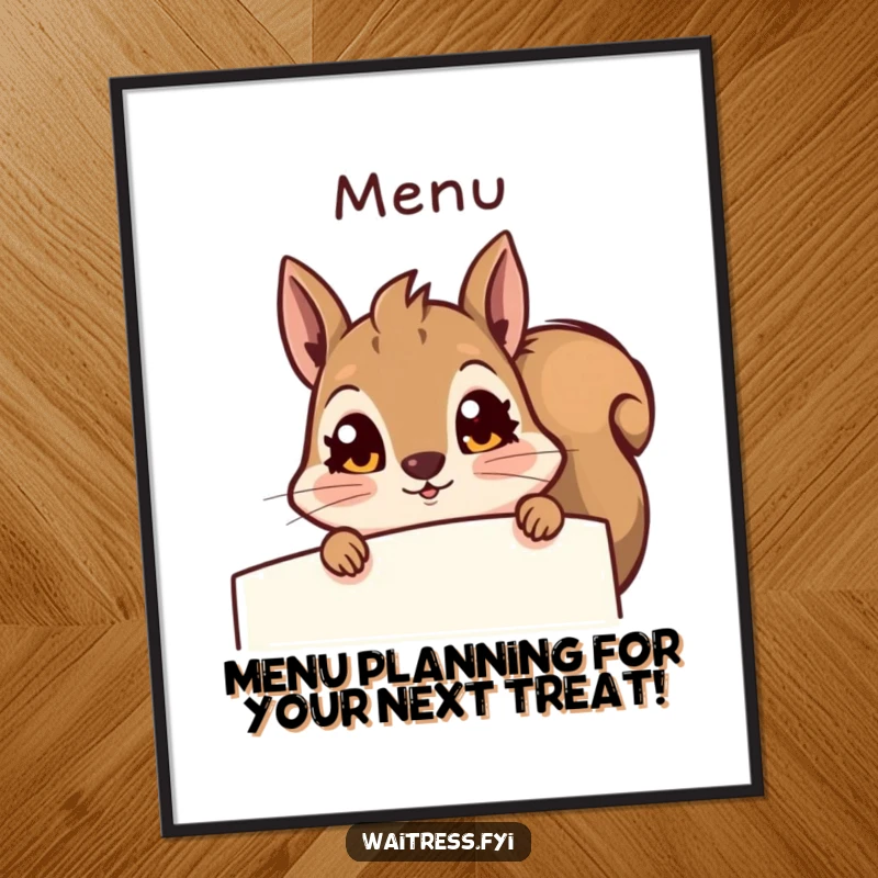 Funny Free Printable Wall Art: Curious squirrel peeking from behind a menu, looking surprised, perfect for downloadable decor.