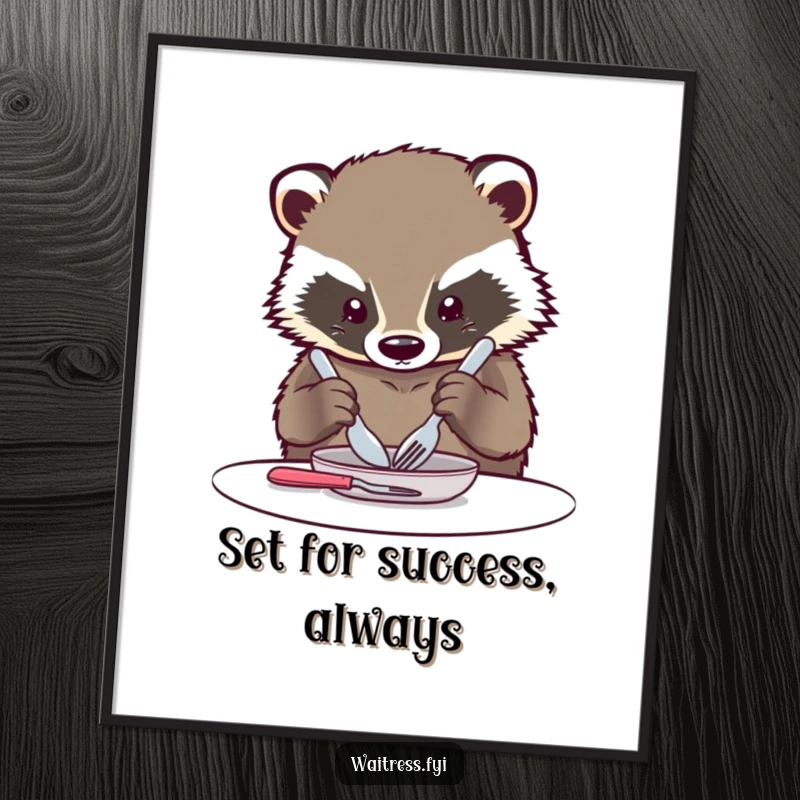 Funny Free Printable Wall Art: A kawaii badger with focused concentration carefully arranging cutlery, bringing meticulous charm to your space.