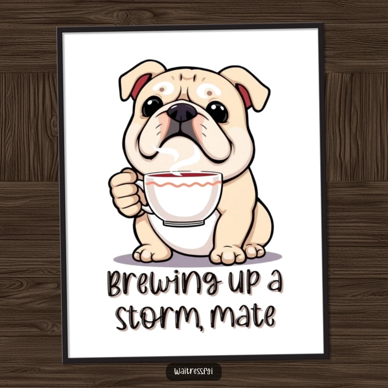 Funny Free Printable Wall Art: A proud bulldog serving a steaming cup of joy and humor.