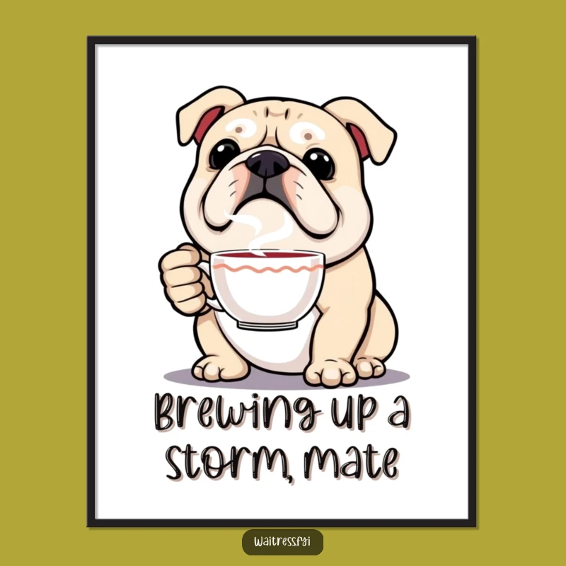 Free Printable Wall Art: Funny Bulldog Barista Humorous Downloadable Art for Cozy Homes