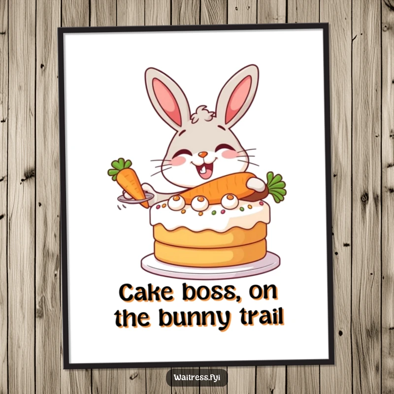 Funny Free Printable Wall Art: A giggling bunny serves a massive carrot cake with dramatic flair.