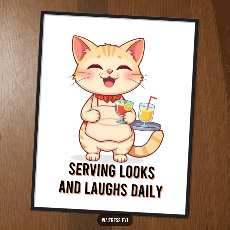 Funny Free Printable Wall Art: A cat wearing an apron expertly balances a tray of drinks.
