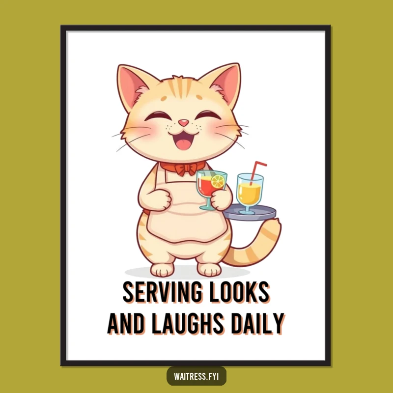 Free Printable Wall Art: Funny Cat Bartender Balancing Drinks, Humorous Downloadable Art