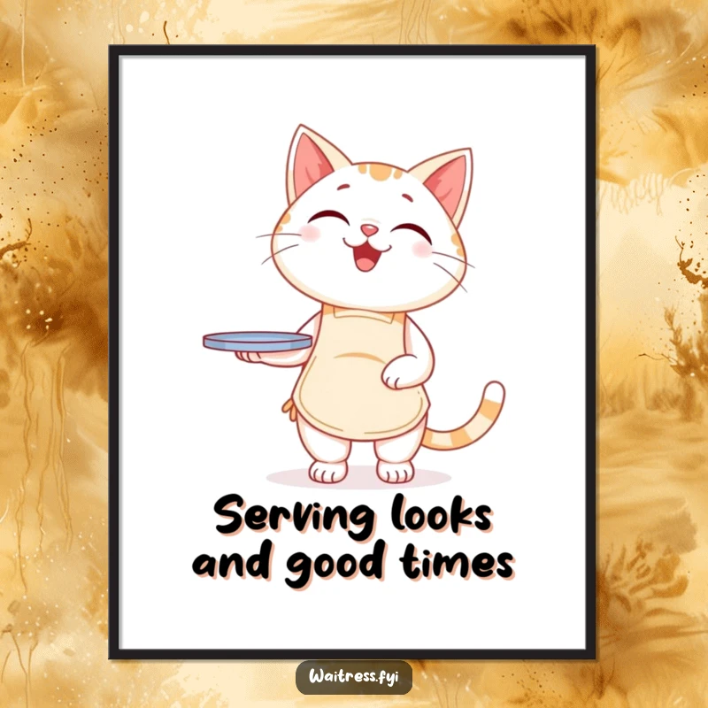 Funny Free Printable Wall Art: A comical cat in an apron balancing a tray, ready to serve smiles.