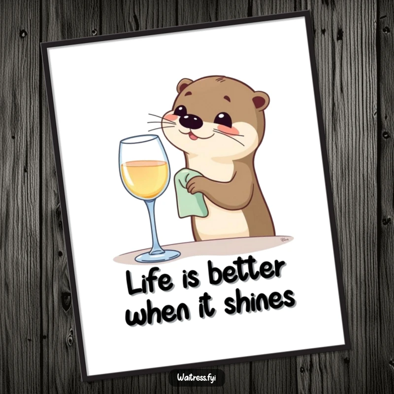Funny Free Printable Wall Art: A cheerful otter meticulously polishing a wine glass with a cloth, creating a brilliant shine.