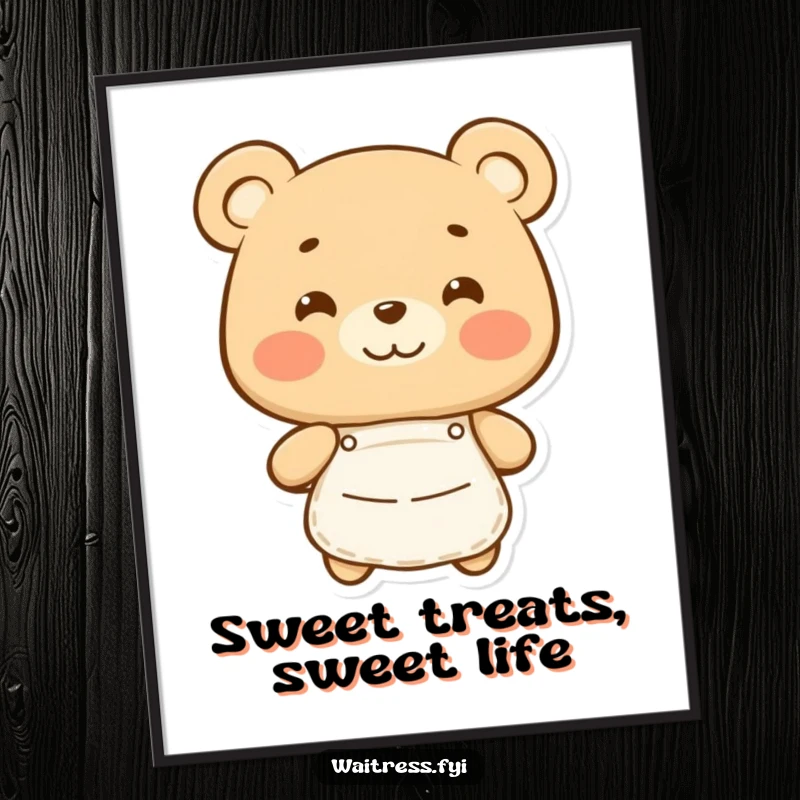 Funny Free Printable Wall Art: Happy bear wearing an apron, smiling warmly, cozy kitchen downloadable decor.