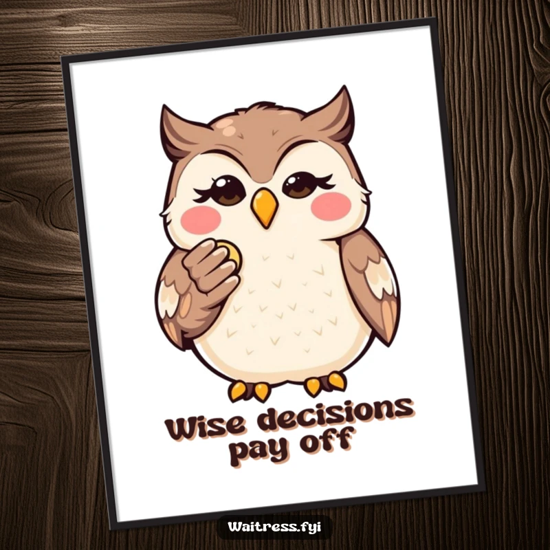 Free Printable Wall Art: Amusing Kawaii owl holding a bill with a knowing wink, adding humor to the room.