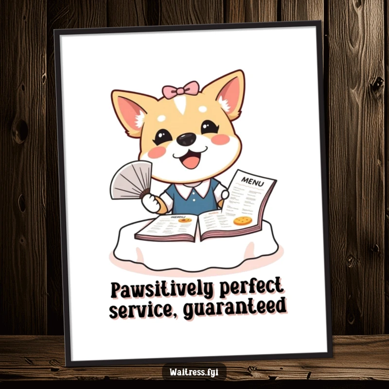 Funny Free Printable Dog Waitress Wall Art: Bubbly cartoon dog waitress fanning a large menu with an energetic, happy demeanor.