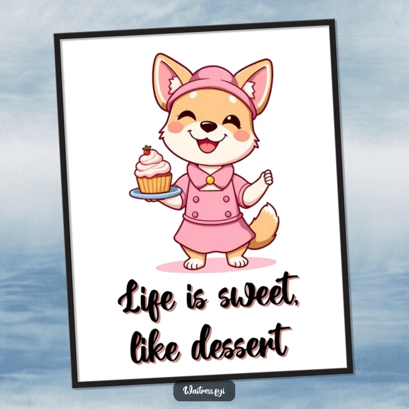 Funny Free Printable Dog Wall Art: A smiling dog waitress playfully balancing a dessert, bringing joy and laughter to your walls.
