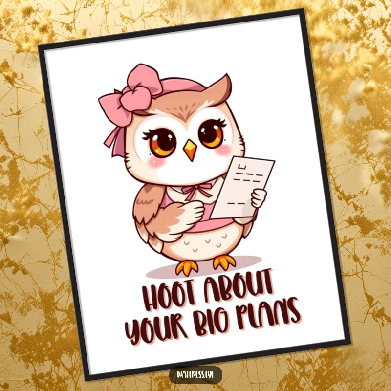 Funny Free Printable Wall Art: Polite owl waitress holds out a menu with a gentle, knowing smile.