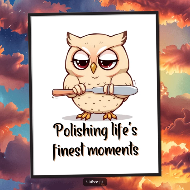 Funny Free Printable Wall Art: Determined Kawaii owl polishing silverware with intense focus, a whimsical art piece.