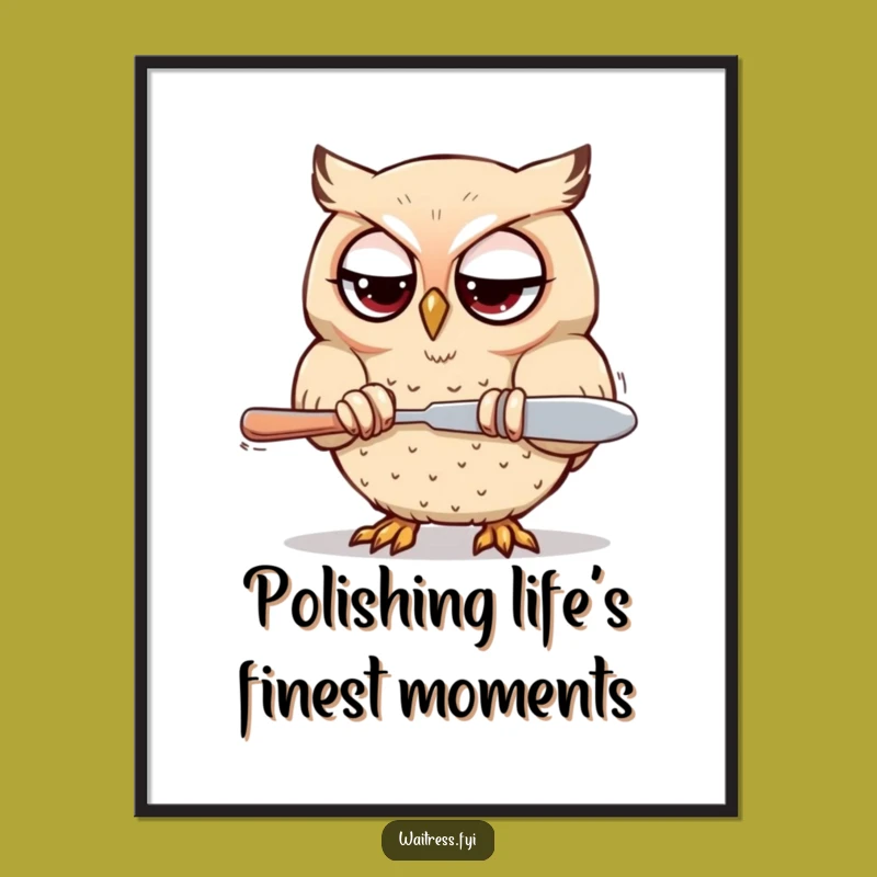 Funny Free Printable Wall Art: Focused Kawaii Owl Polishing Up Your Decor