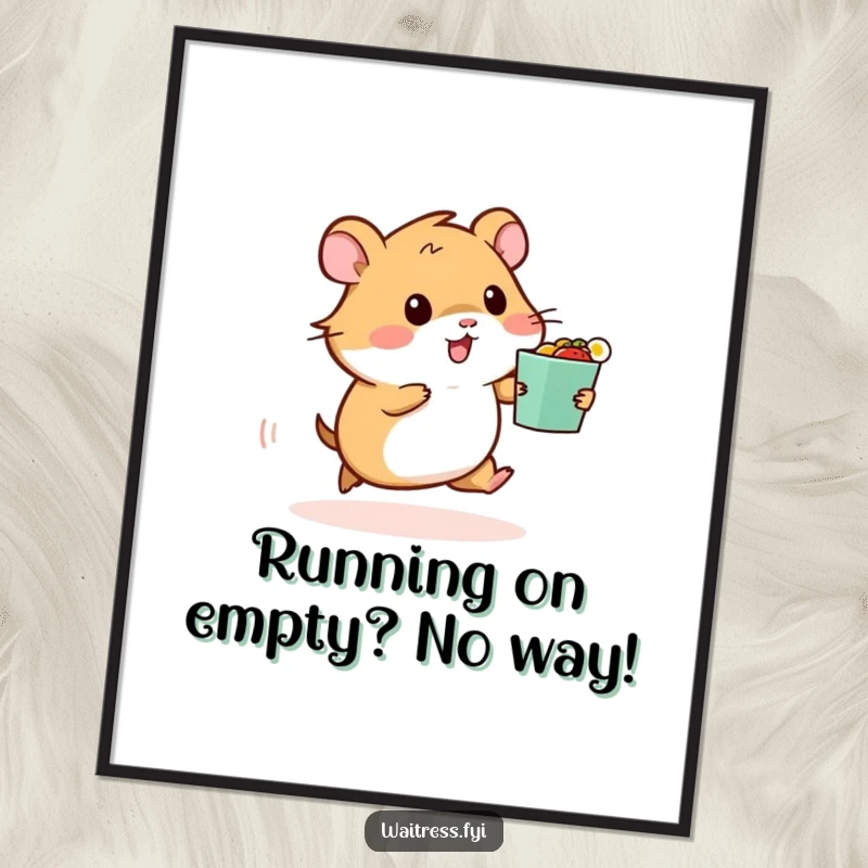 Funny Free Printable Wall Art: A tiny hamster rushing with a food order, capturing a moment of energetic delivery and cute chaos.
