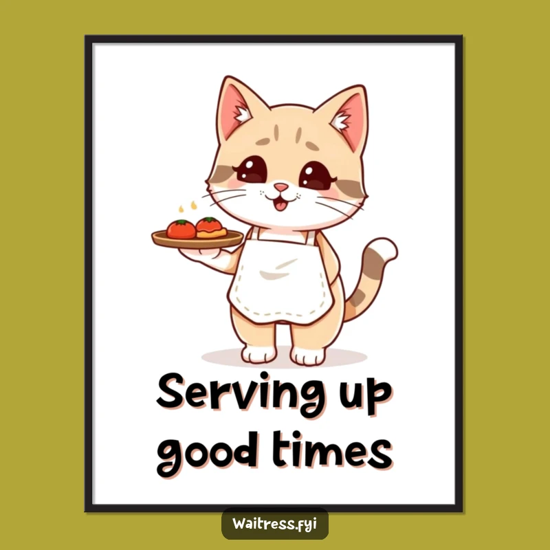 Funny Free Printable Wall Art: Kawaii Cat Waiter Serving Up Smiles and Laughter