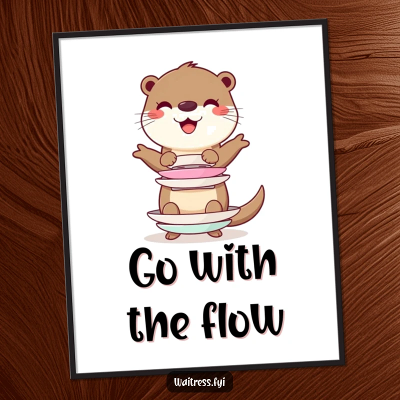 Funny Free Printable Wall Art: A cheerful otter balances a precarious stack of imaginary plates, showcasing impressive skill and humor.