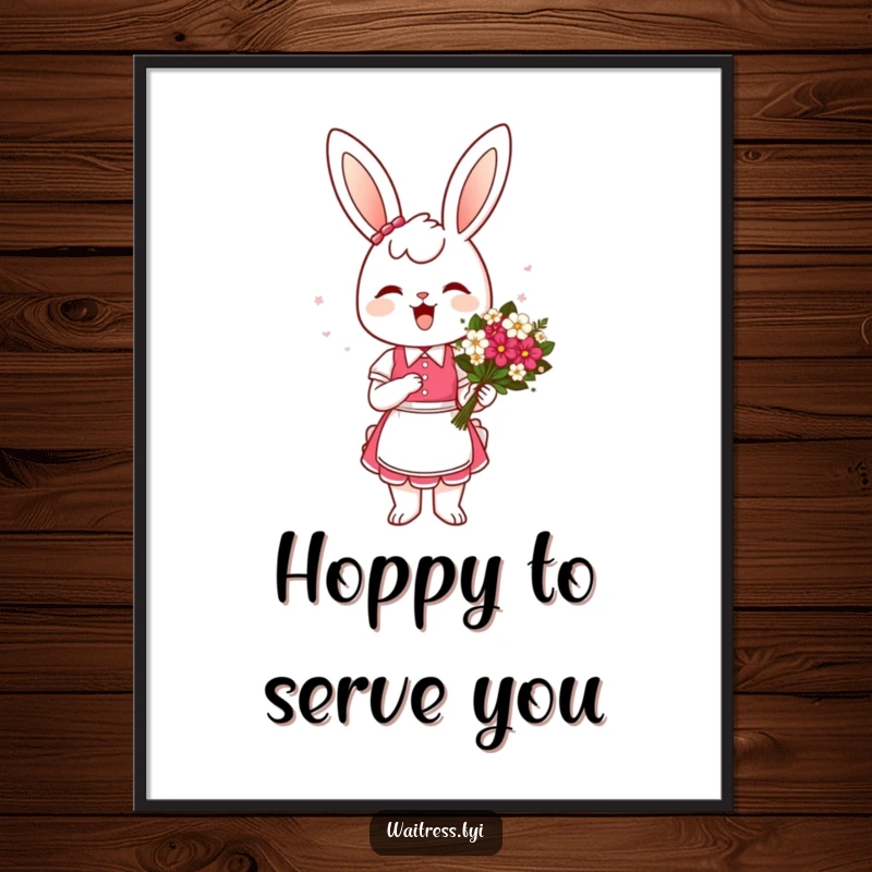 Funny Free Printable Wall Art: Cheerful bunny waitress presents a flower bouquet with a curtsey, adding beauty.