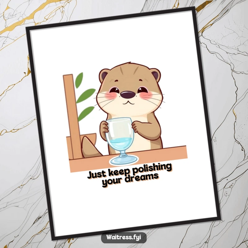 Funny Free Printable Wall Art: Otter server diligently polishing an invisible glass, adding a humorous touch to any room.