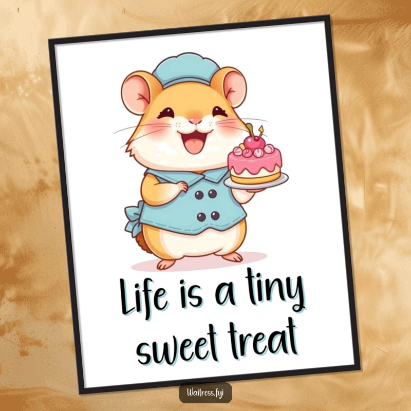 Funny Free Printable Wall Art: Perky hamster waitress gleefully holding a tiny, festive cake.