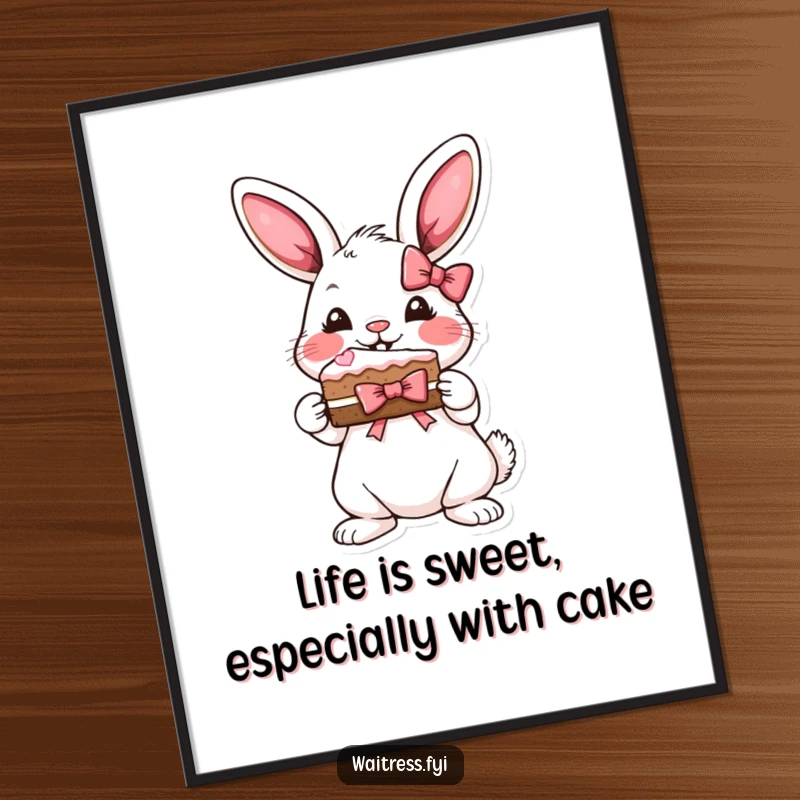 Funny Free Printable Wall Art: A playful bunny proudly presents a slice of cake tied with a festive bow, looking utterly charming.