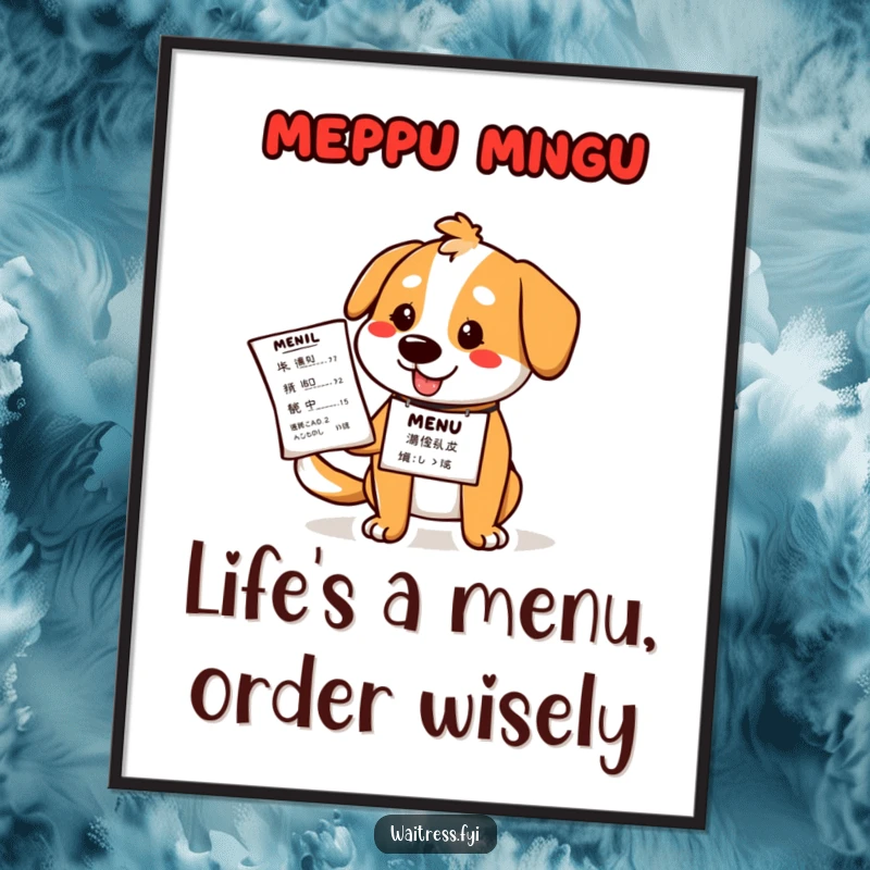 Funny Free Printable Dog Wall Art: A cartoon dog employee with a nametag holds out a menu, inviting smiles and good times.