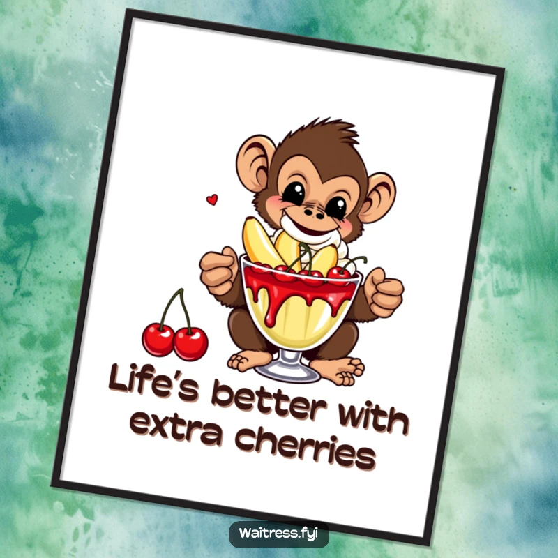 Funny Free Printable Wall Art: A cheeky monkey serves a decadent banana split overflowing with cherries, adding playful humor to decor.