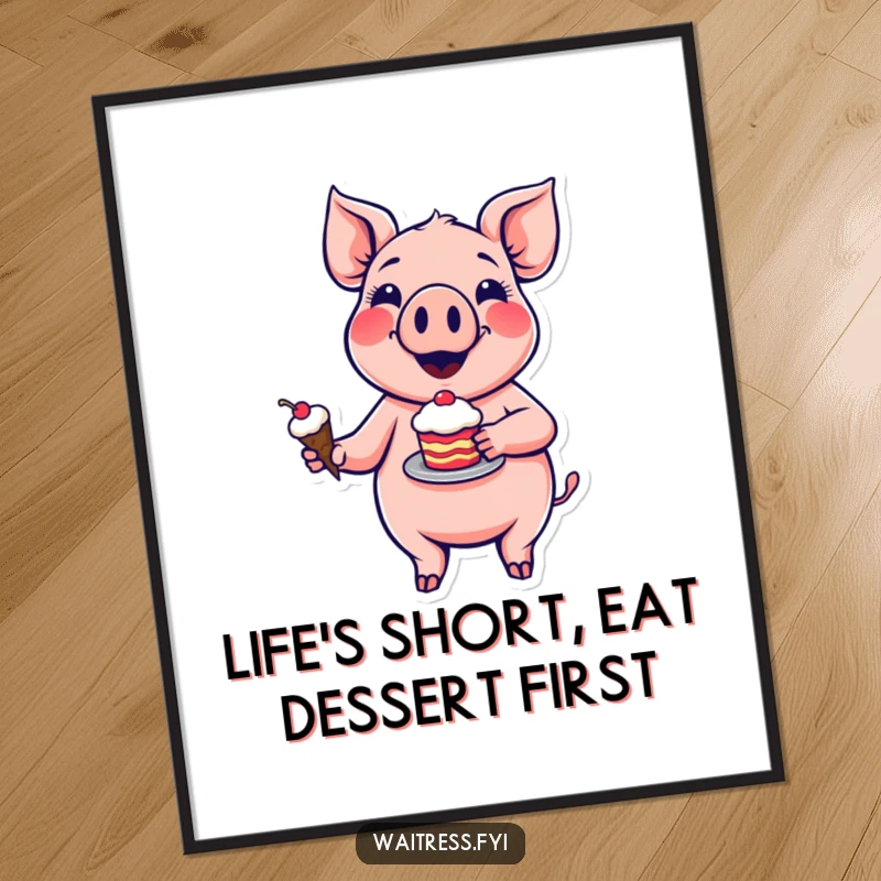 Funny Free Printable Pig Wall Art: A happy pig proudly displays a tempting dessert, bringing a sweet and cheerful vibe to any room.