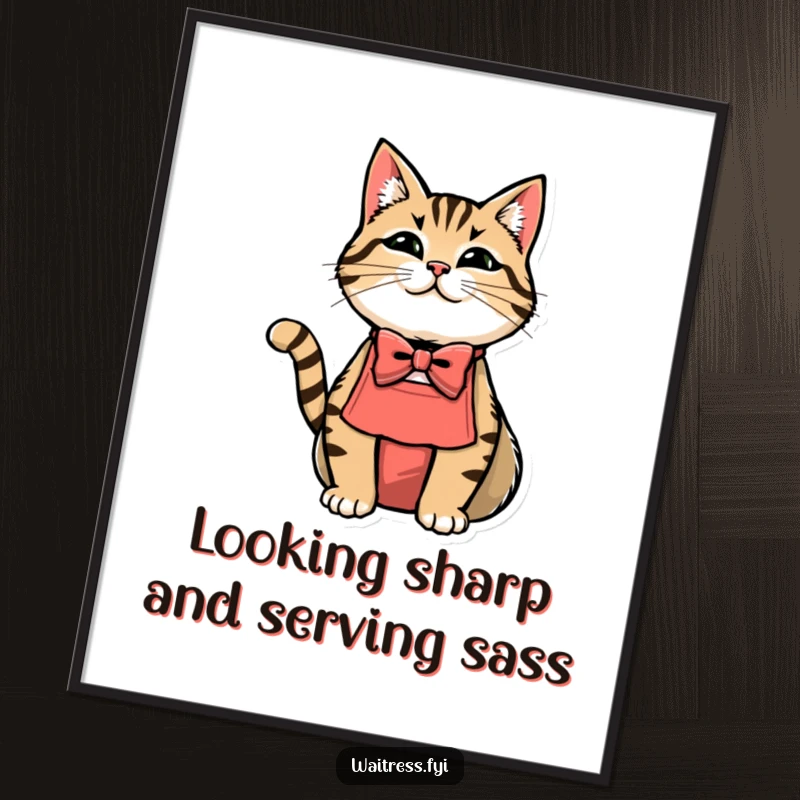 Funny free printable wall art: An anthropomorphic cat in a bowtie and apron elegantly presenting a tray of gourmet appetizers.