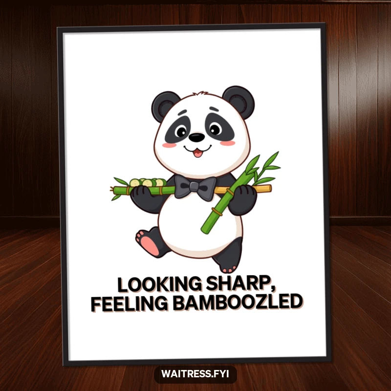 Funny Free Printable Wall Art: A panda in a bowtie holding a bamboo platter, creating a humorous and charming piece of wall decor.