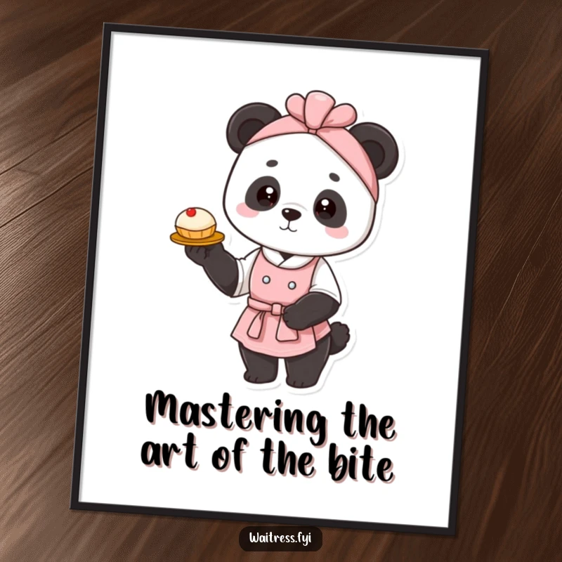 Funny Free Printable Panda Waitress Wall Art: Elegant panda waitress gracefully presenting a single, delectable pastry.