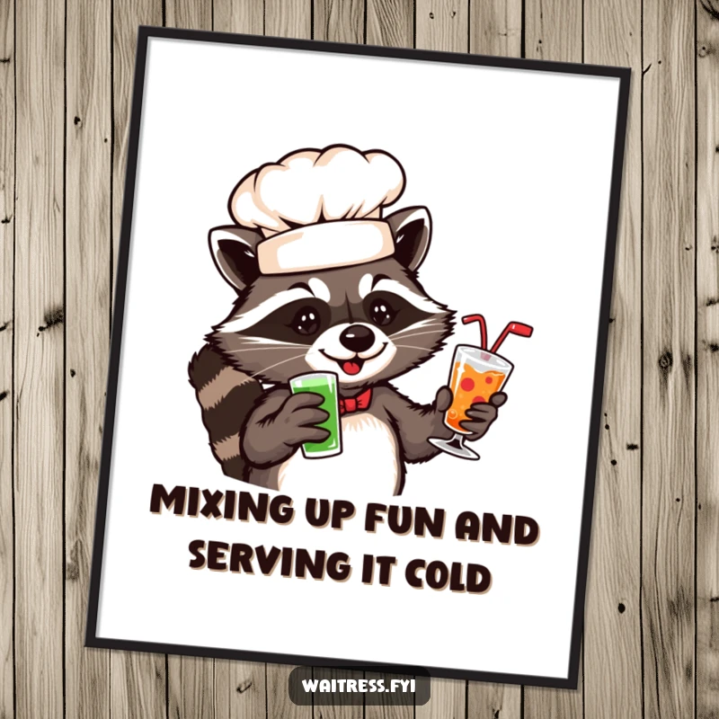 Funny free printable wall art: A mischievous raccoon wearing a chef hat, balancing a tray of assorted drinks.
