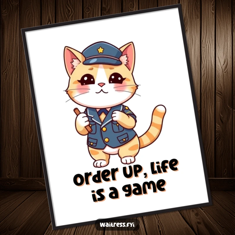 Funny Free Printable Wall Art: A playful cat in uniform taking an order, giving a mischievous wink to the viewer.