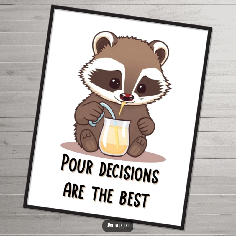 Funny Free Printable Wall Art: Brave badger carefully pouring a drink from a tiny pitcher, ideal for downloadable kitchen art.