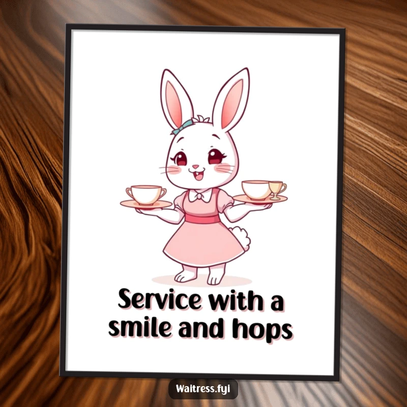 Funny Free Printable Wall Art: A cheerful bunny waitress precariously balancing a tray filled with tiny, delicate teacups.