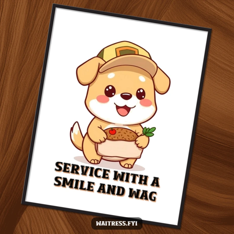 Funny Free Printable Wall Art: A cheerful dog in a cap holds a meal, looking ready to deliver joy to any room.