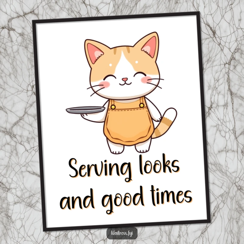 Funny Free Printable Wall Art: A cute cat wearing an apron holds a serving tray, looking sophisticated and ready to impress guests.