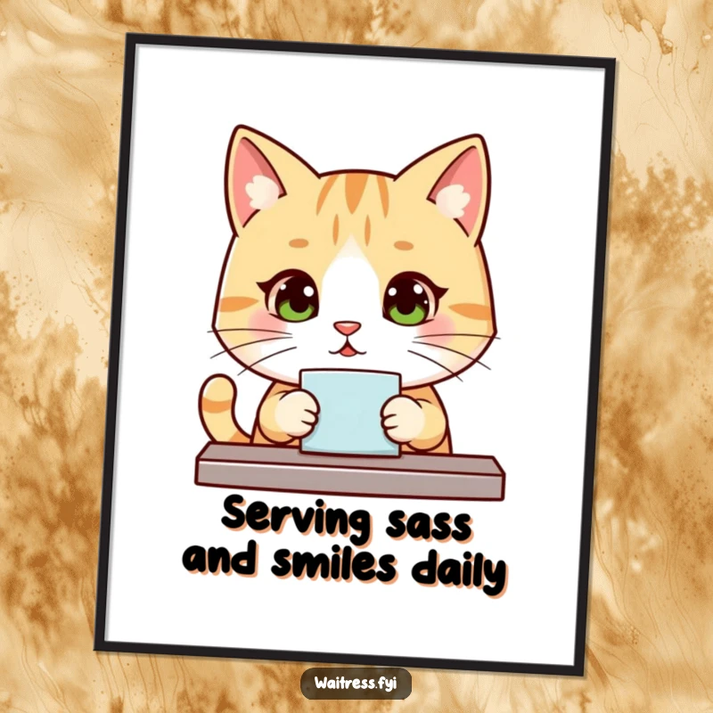 Funny Free Printable Wall Art: A diligent kawaii cat takes an order with utmost politeness.