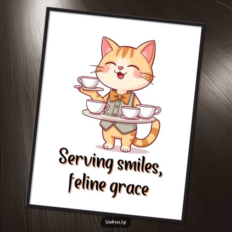 Funny Free Printable Wall Art: A distinguished cat waiter in a crisp bowtie perfectly balances a tray laden with elegant teacups.
