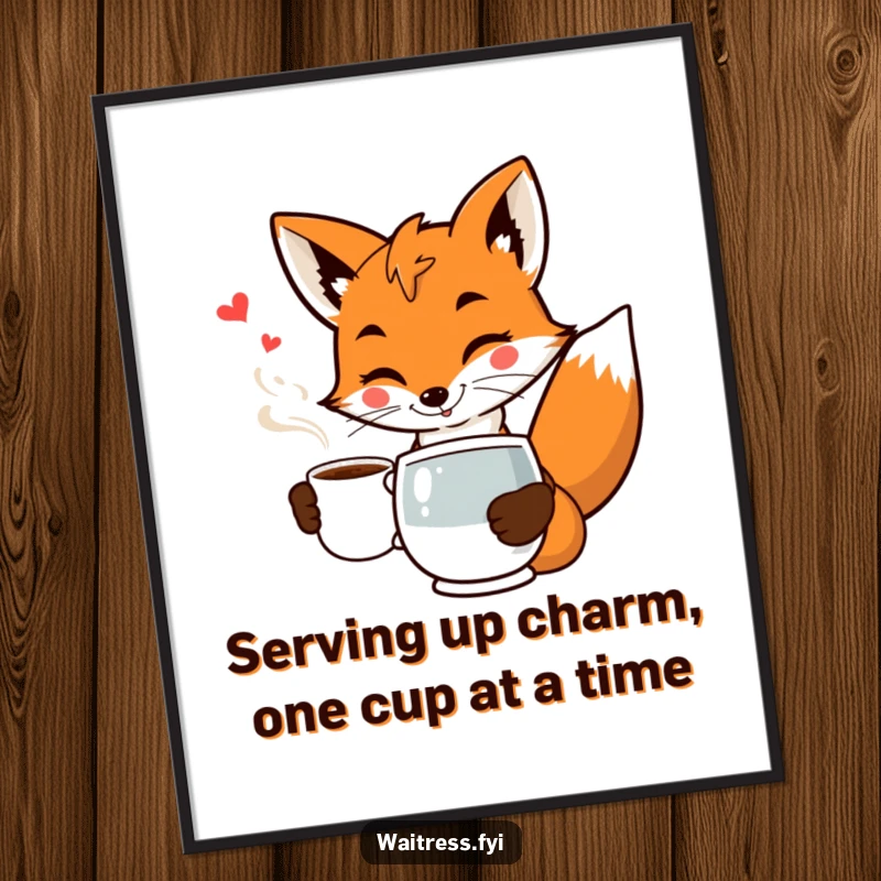 Funny Free Printable Wall Art: A stylish fox in a waiter uniform serves coffee with a confident flourish and a mischievous wink.