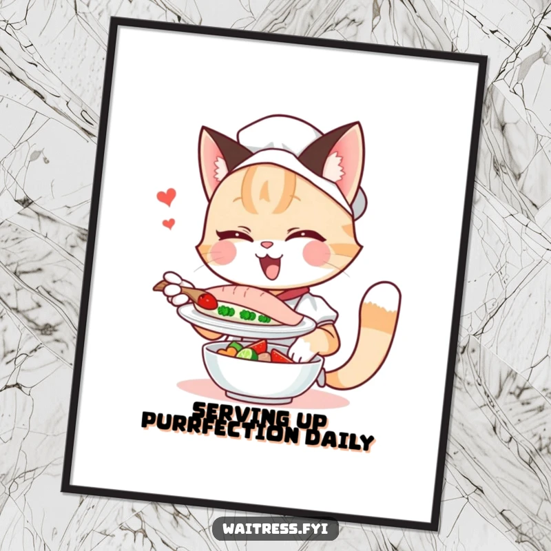 Funny Free Printable Wall Art of a winking cat waitress artfully serving a fish dish, perfect for quirky decor.