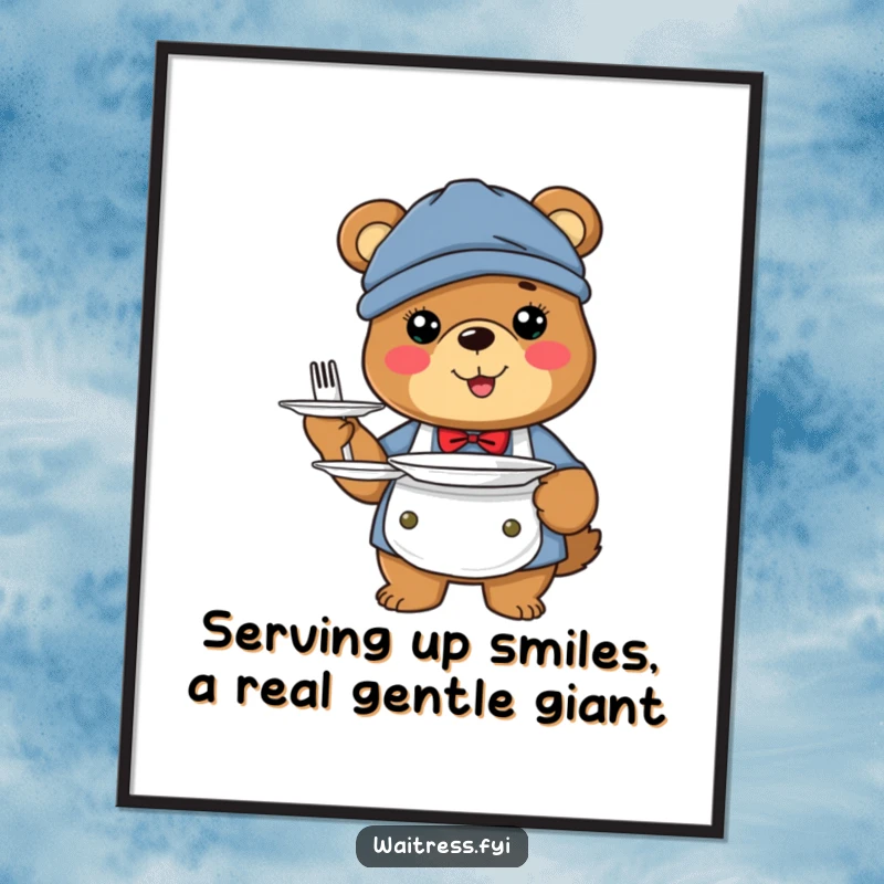 Funny free printable wall art: A joyful bear dressed as a server, holding a tray piled high with tasty-looking treats.