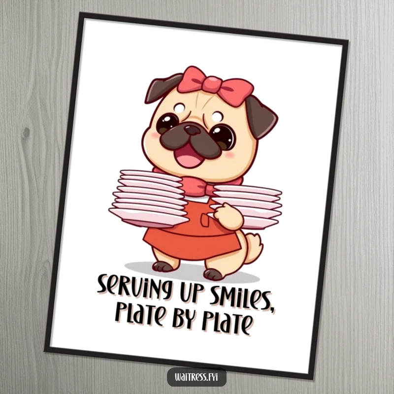 Funny Free Printable Pug Waitress Wall Art: A joyful pug waiter beaming while holding a stack of plates, ready to add charm to your walls.
