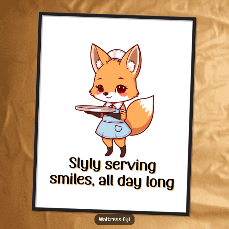 Funny free printable wall art: A charming fox in a diner uniform skillfully balancing a tray full of delicious-looking food.