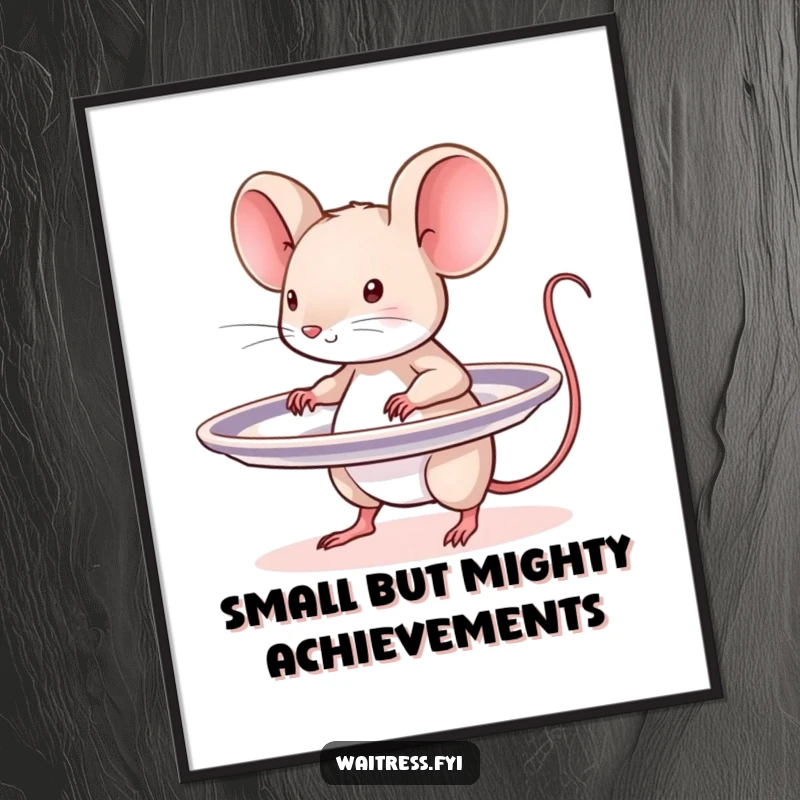 Funny Free Printable Wall Art: A tiny mouse struggling comically with a massive platter, perfect for laughs.