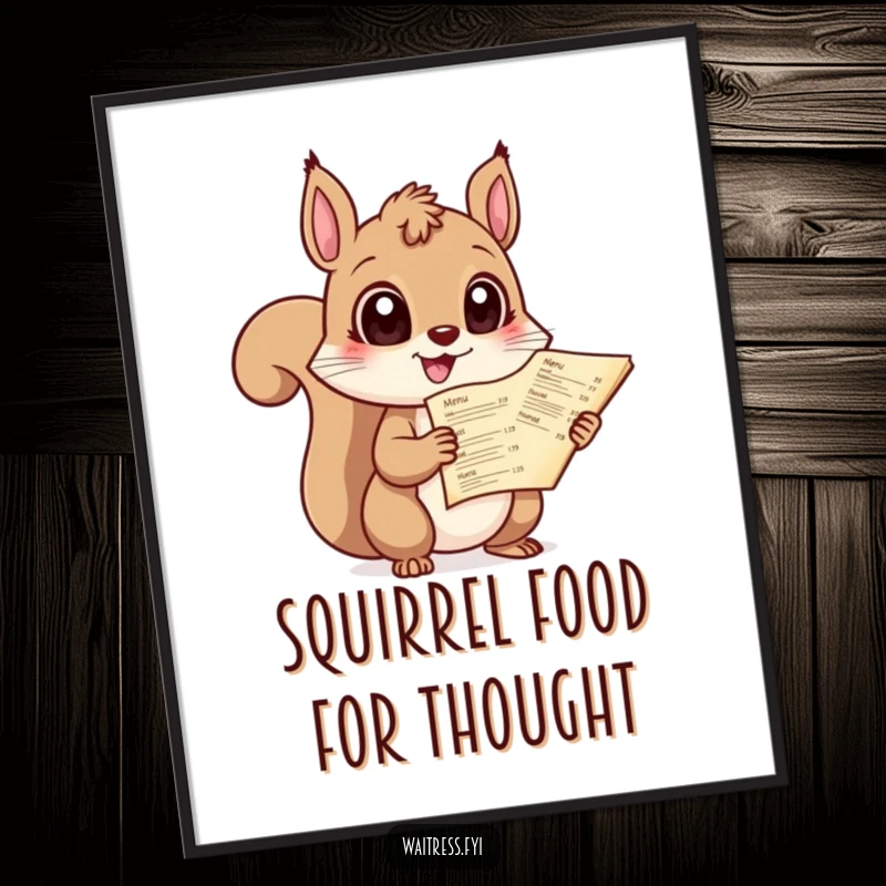 Funny Free Printable Wall Art depicts a giggling squirrel with comically large eyes holding a menu, ready to serve up laughter.