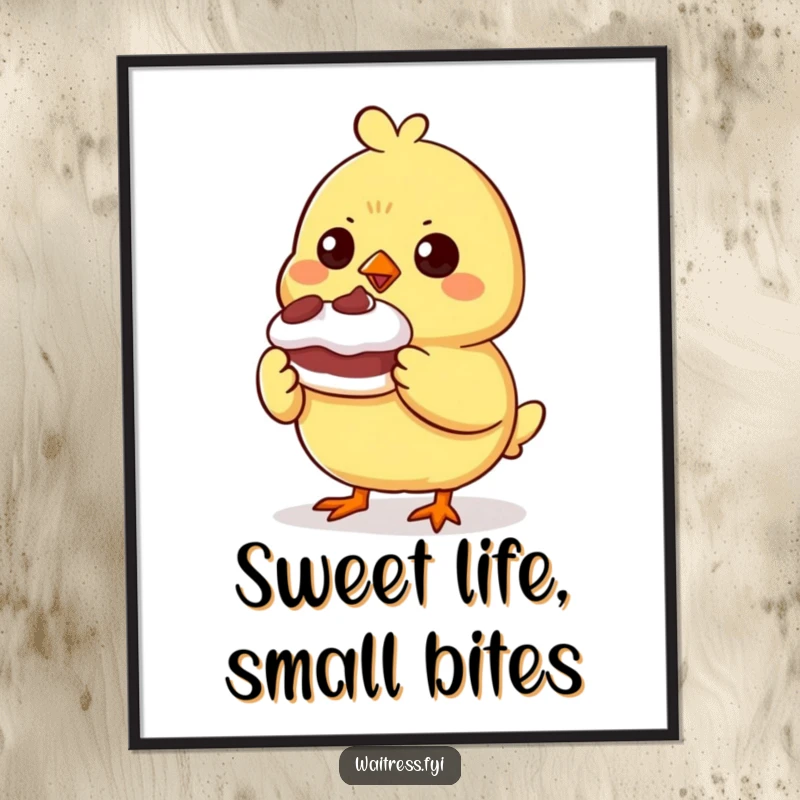 Funny Free Printable Wall Art: A determined chick proudly presents a small, wobbly dessert, embodying accomplishment and charm.